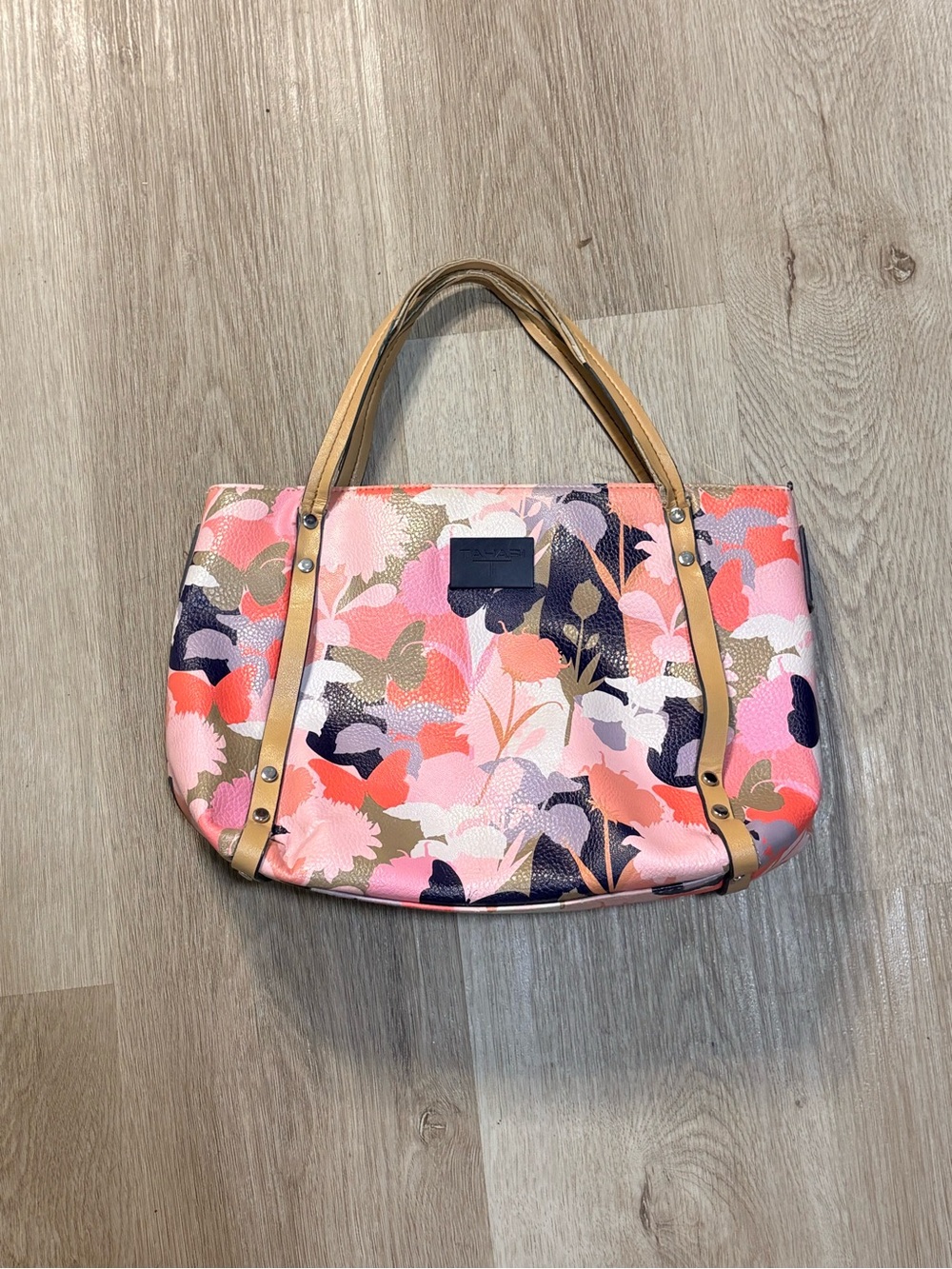 Tahari Multicolor Floral Hand Bag w/ Beige Straps Purse Summer Feminine